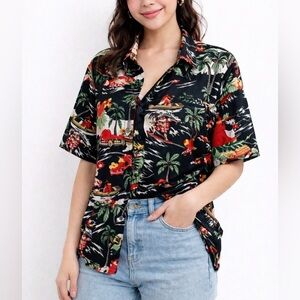 SSLR Hawaiian Christmas Shirt XL Black Tropical Santa Surfing Holiday Button-Up